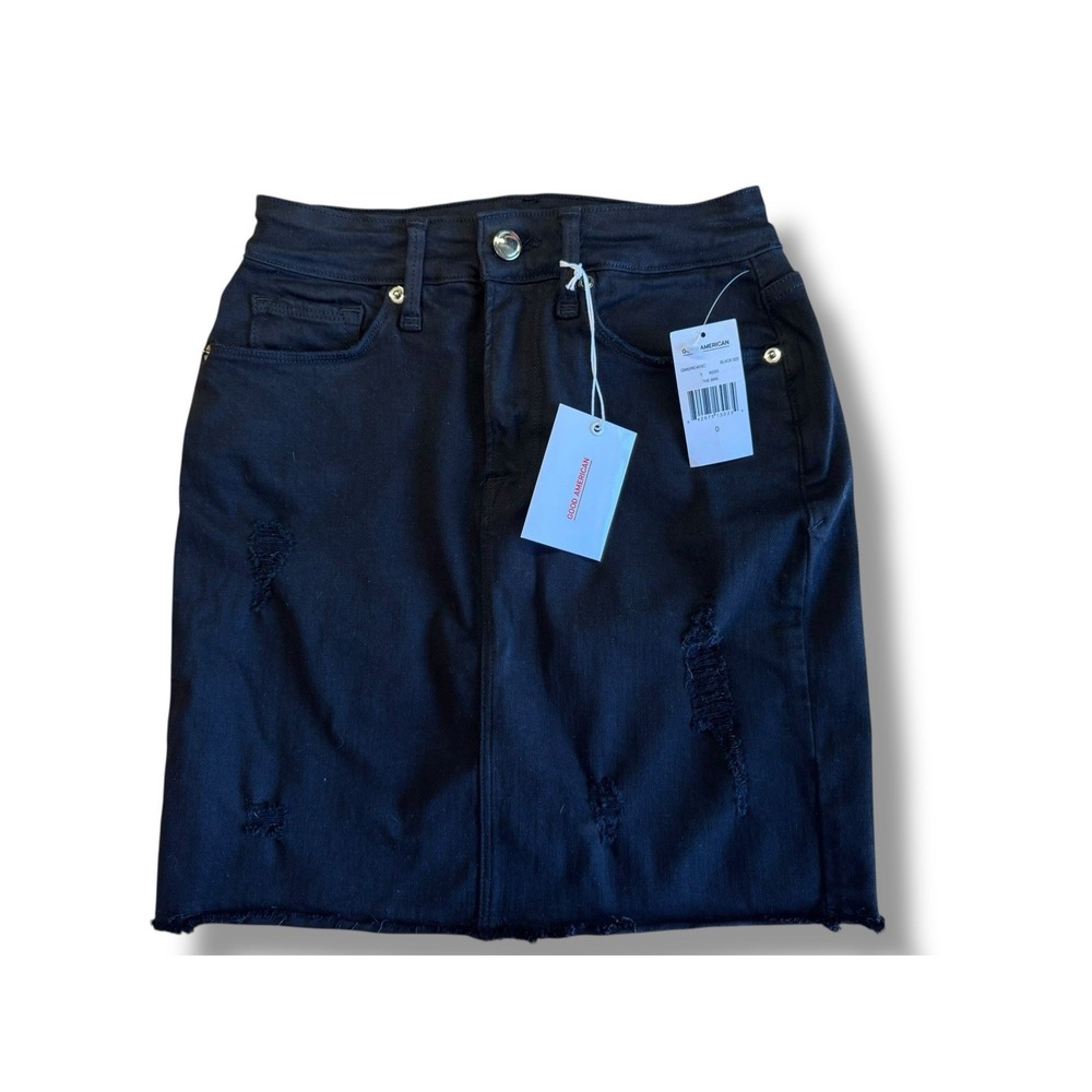 Good American The Distressed Denim Mini Skirt BLACK‎ Raw Hem Sz 0 /25 NEW